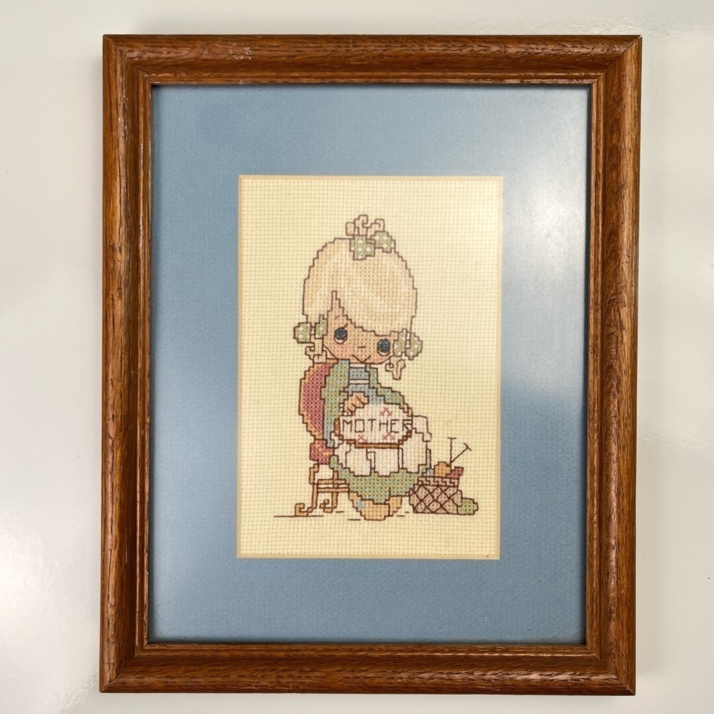 Precious Moments Vintage Framed Wall Art Mother Wood frame Cross stitch